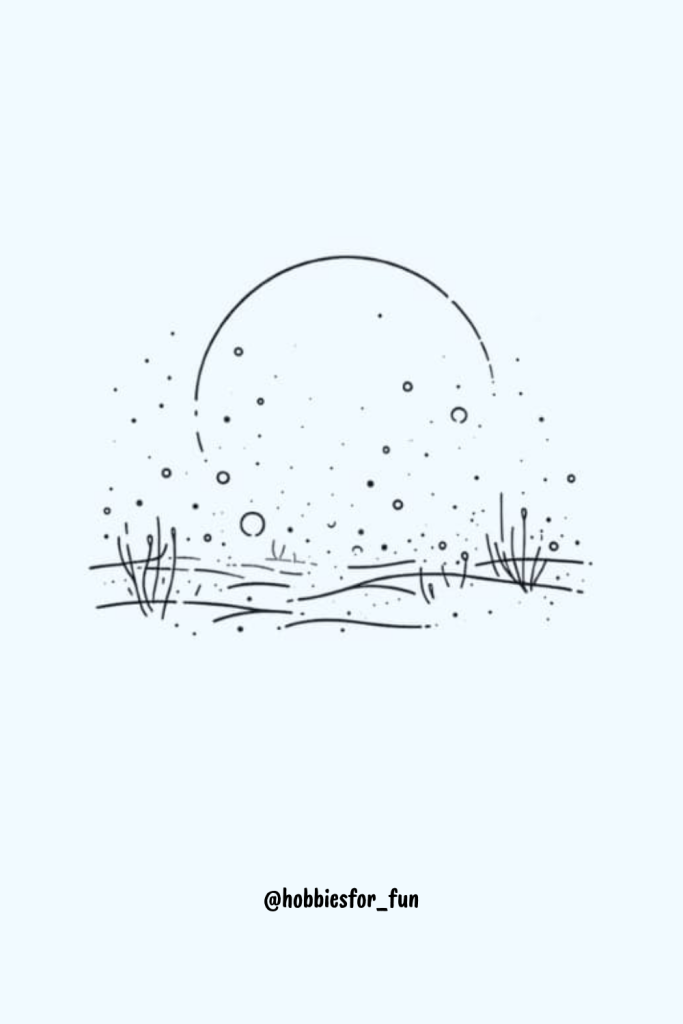 Aesthetic drawing, Crescent Moon above Landscape