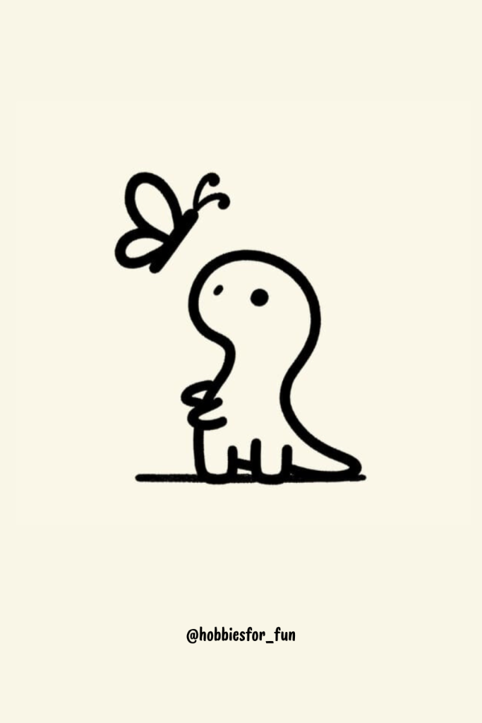 simple dinosaur drawing, Dinosaur Fascinated by Butterfly