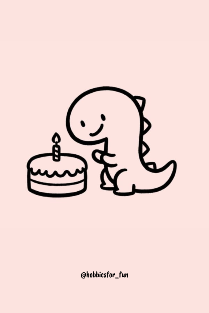 Easy Cute Dino Drawing, Dinosaur with Birthday Cake