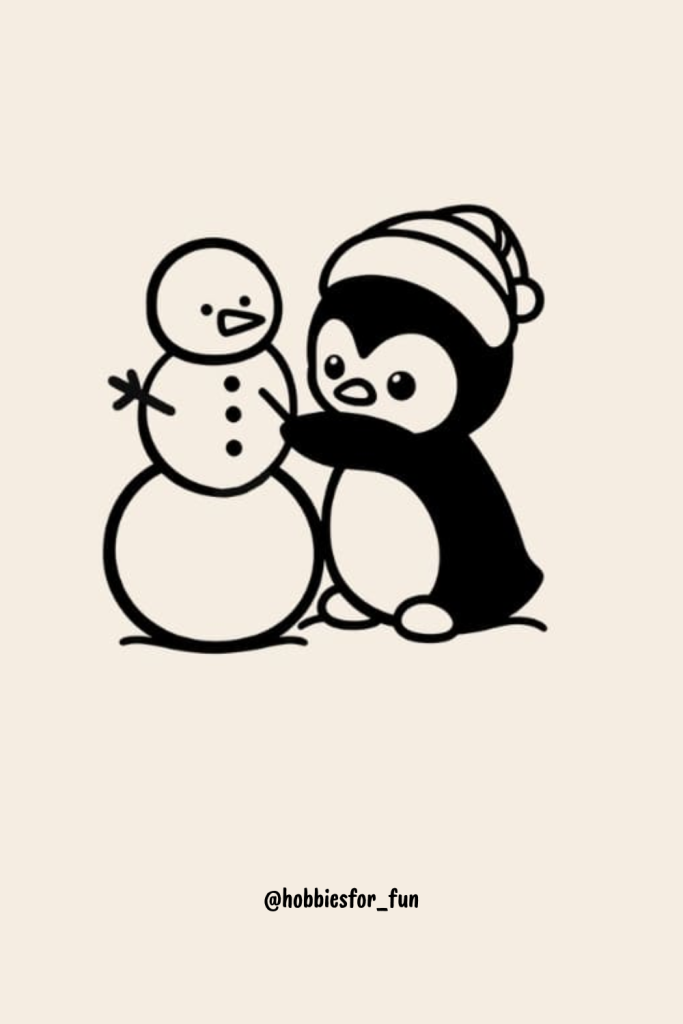 Cute penguin drawing, Penguin with a Snowman