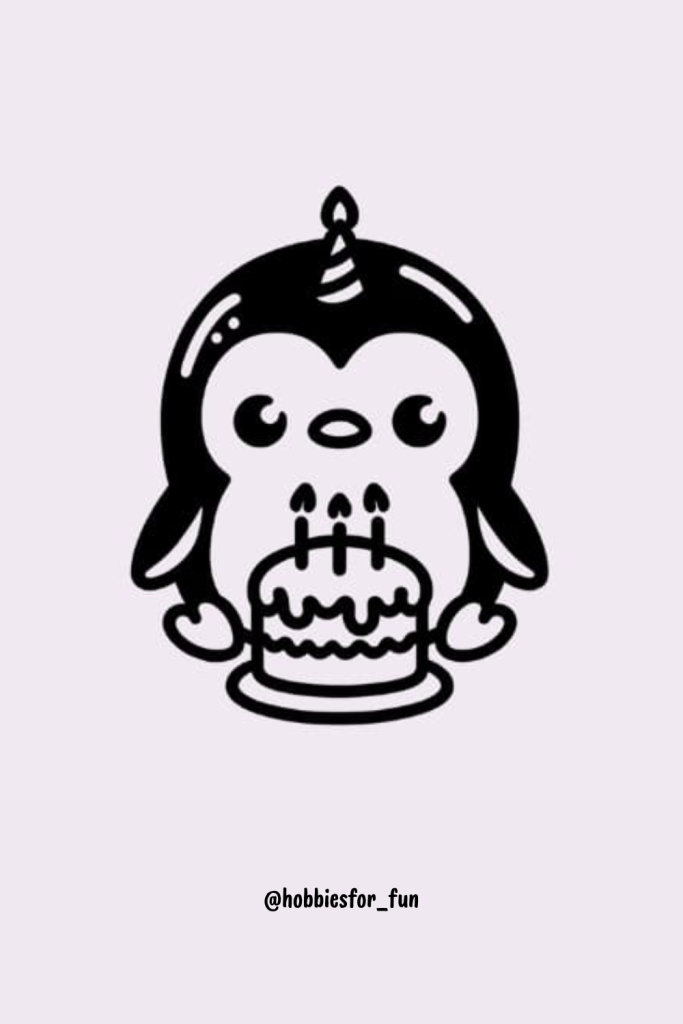 penguin drawing cute, Penguin with a Birthday Cake