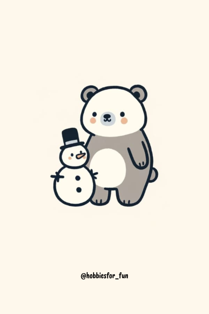 Bear With Snowman Drawing Cute