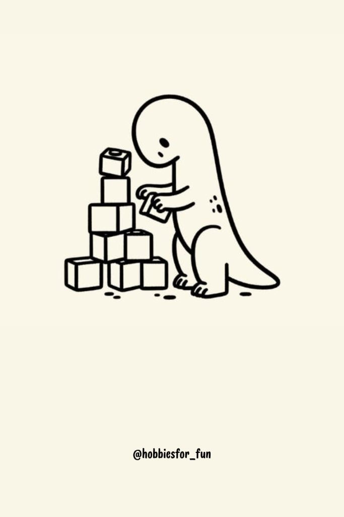 cartoon dinosaur drawing easy, Dinosaur Playing with Blocks