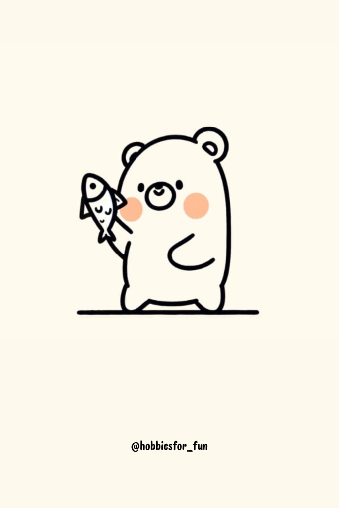 Cute Bear With Fish Drawing Easy