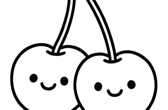 A pair of cherries with a smiling face — free printable cherry coloring pages