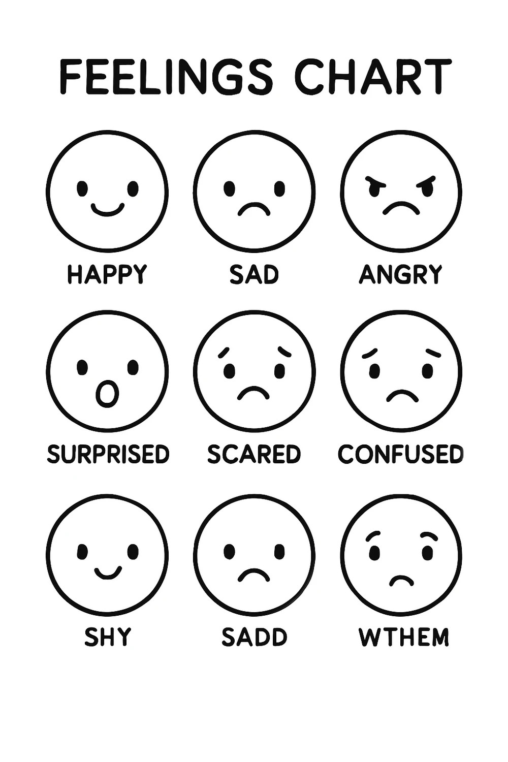 A feelings chart with several face expressions — free printable emotions coloring pages