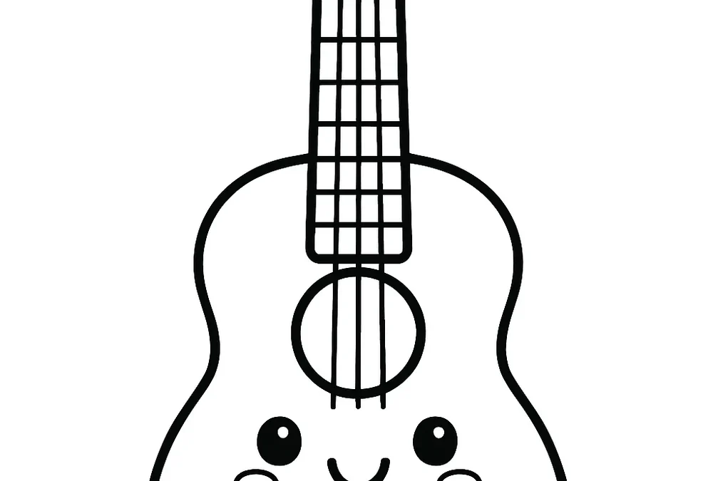 Acoustic guitar with a smiling face — free printable guitar coloring pages