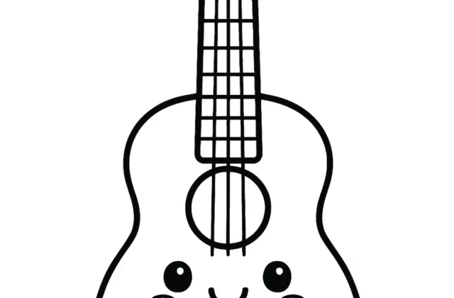 Acoustic guitar with a smiling face — free printable guitar coloring pages