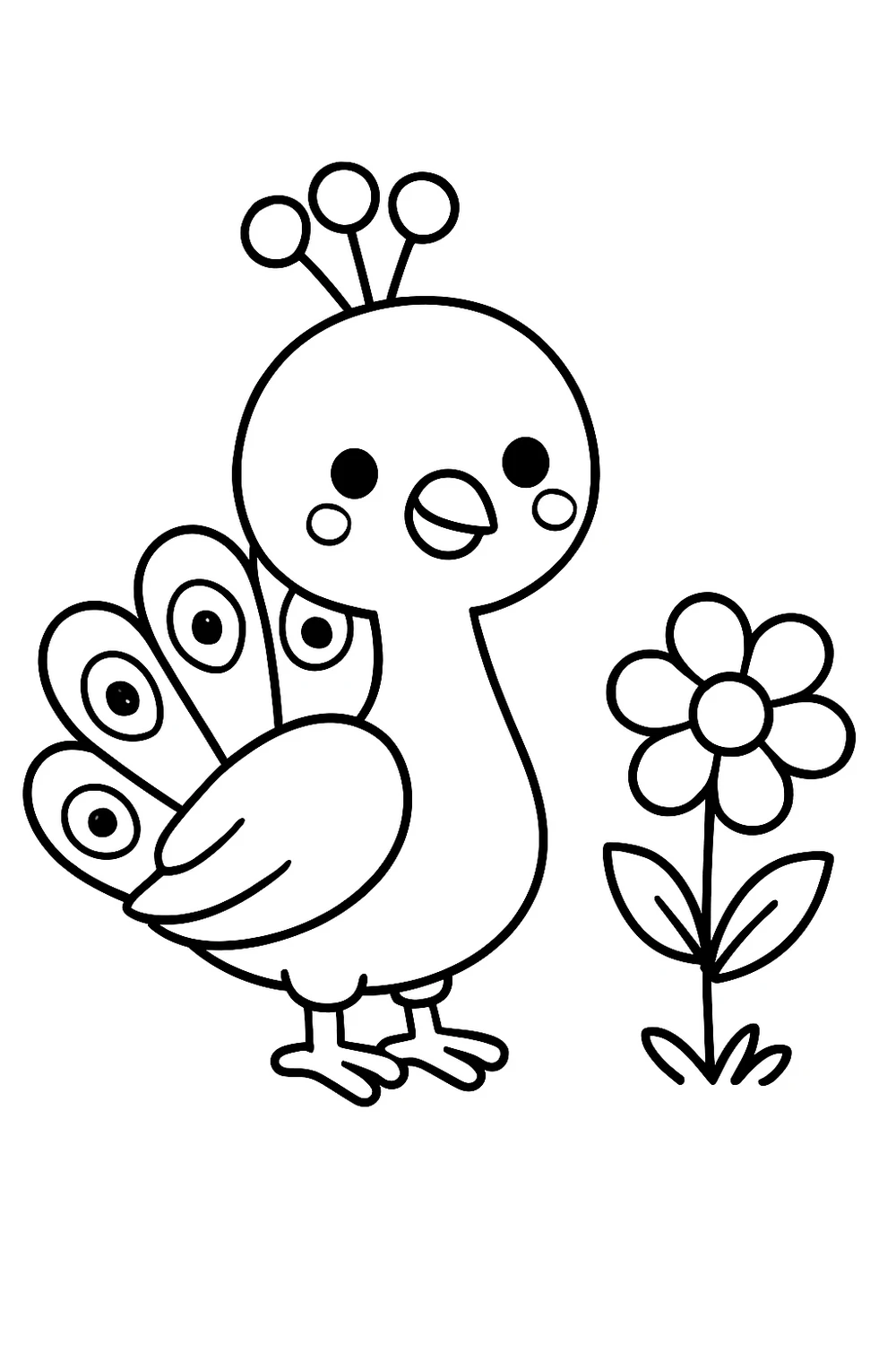 A peacock near a flower — free printable peacock coloring pages