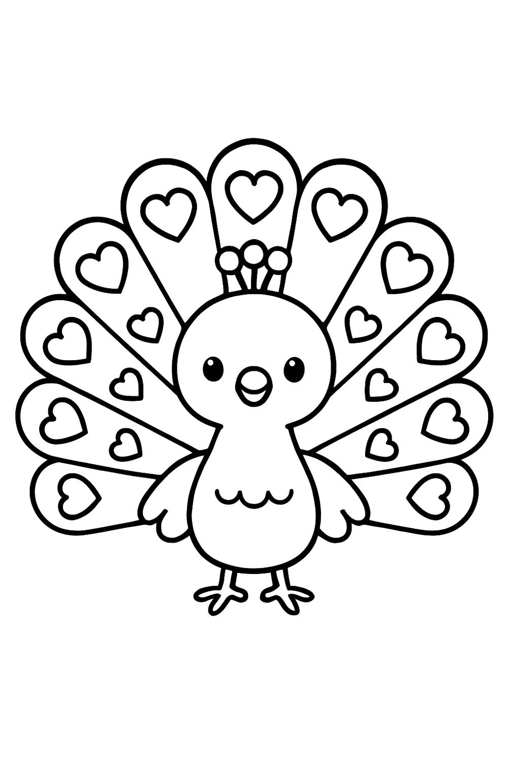 A peacock with a heart pattern in its tail — free printable peacock coloring pages