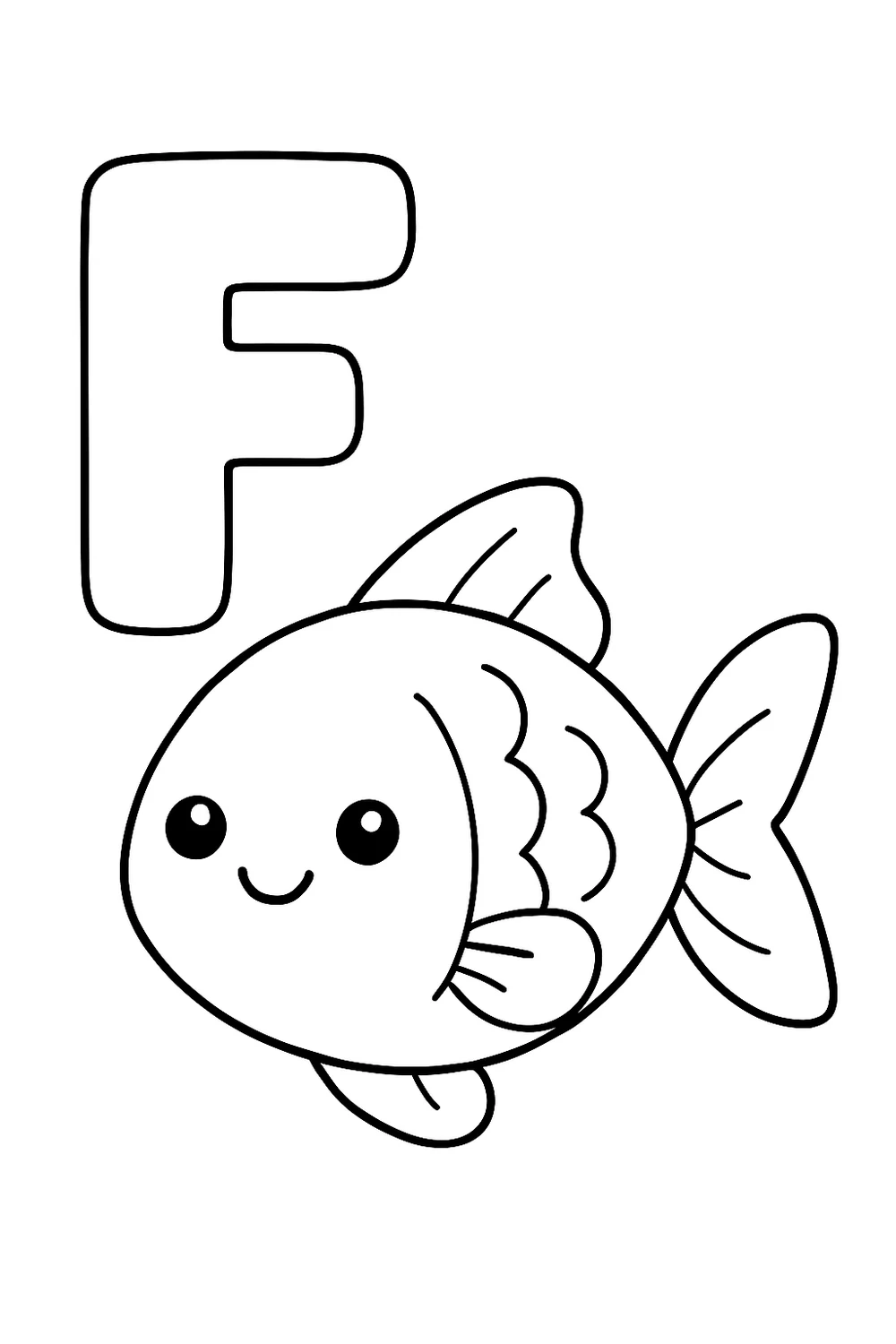 Bubble letter f next to a cute fish — free printable alphabet coloring pages