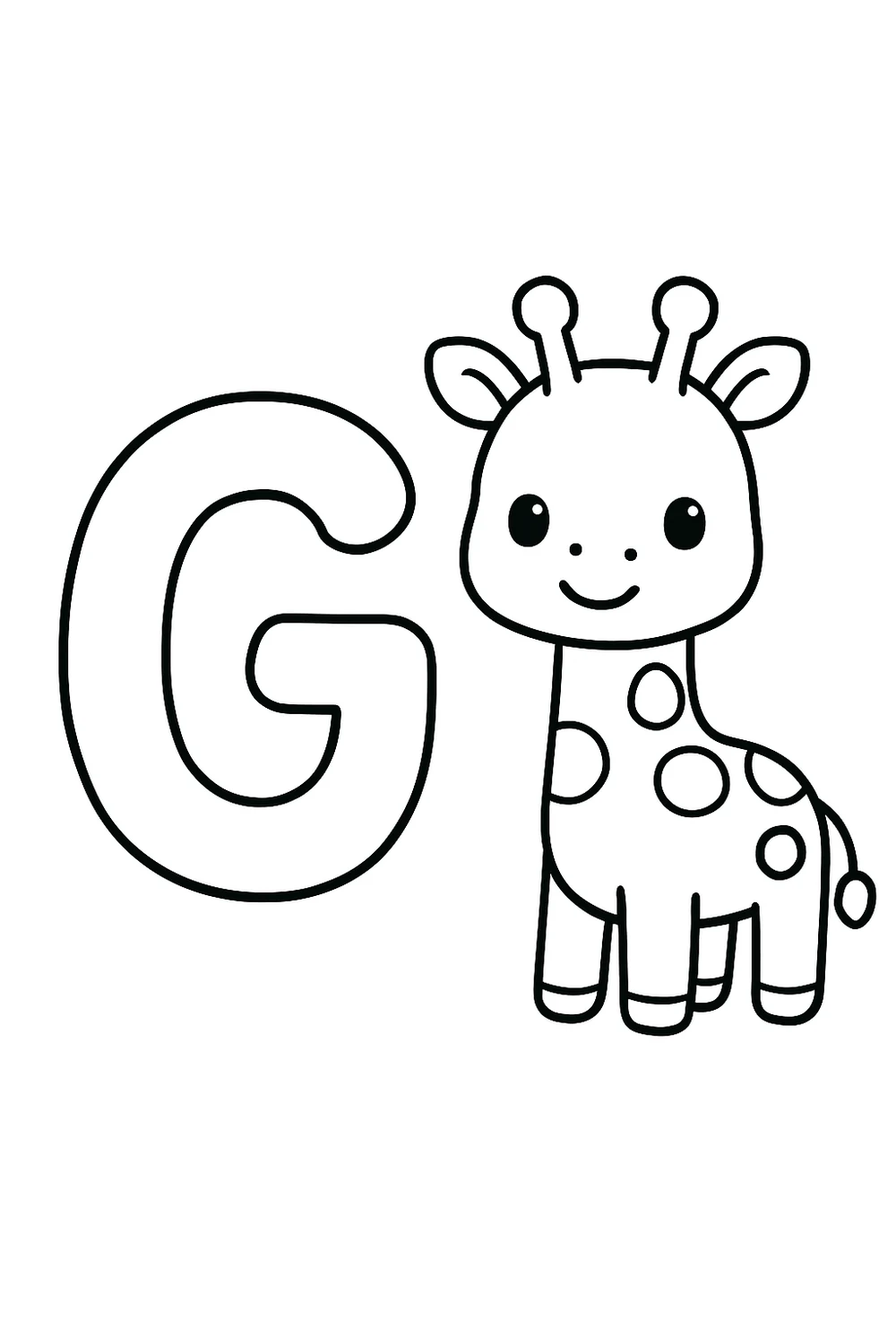 Bubble letter g next to a cute giraffe — free printable alphabet coloring pages
