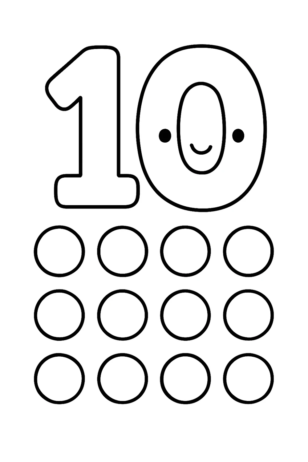 Bubble number 10 with ten little circles — free printable number coloring pages