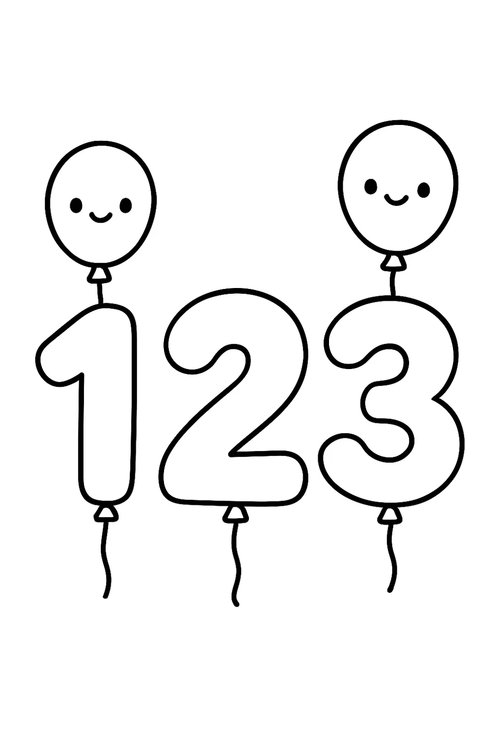 A row of bubble numbers 1 2 3 with balloons — free printable number coloring pages